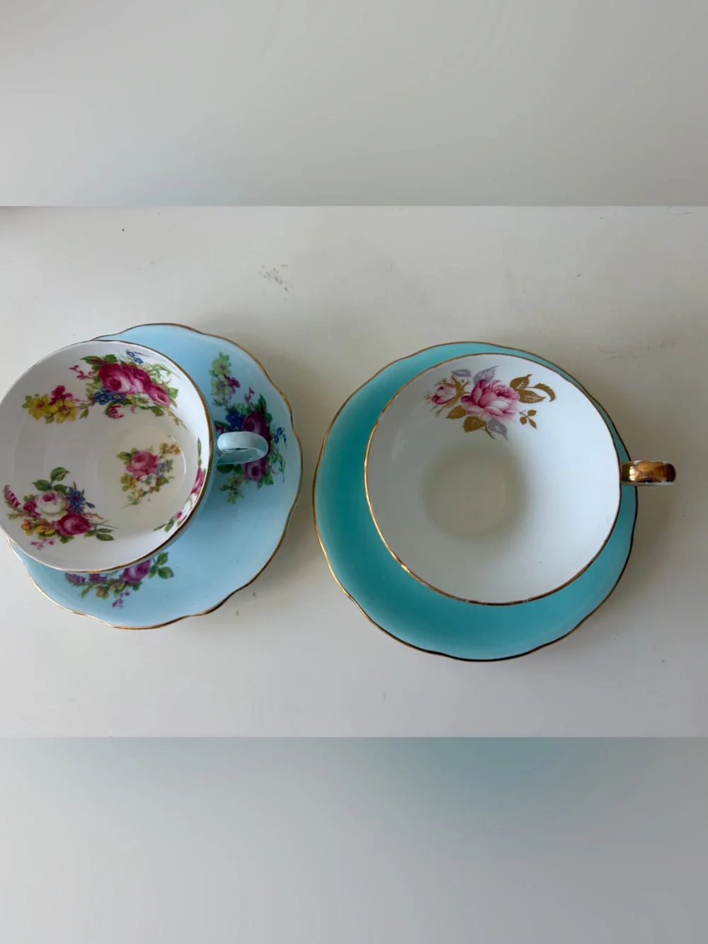 Vtg Aynsley & Foley Bone China Floral Tea Cup & Saucer sets Blue White England